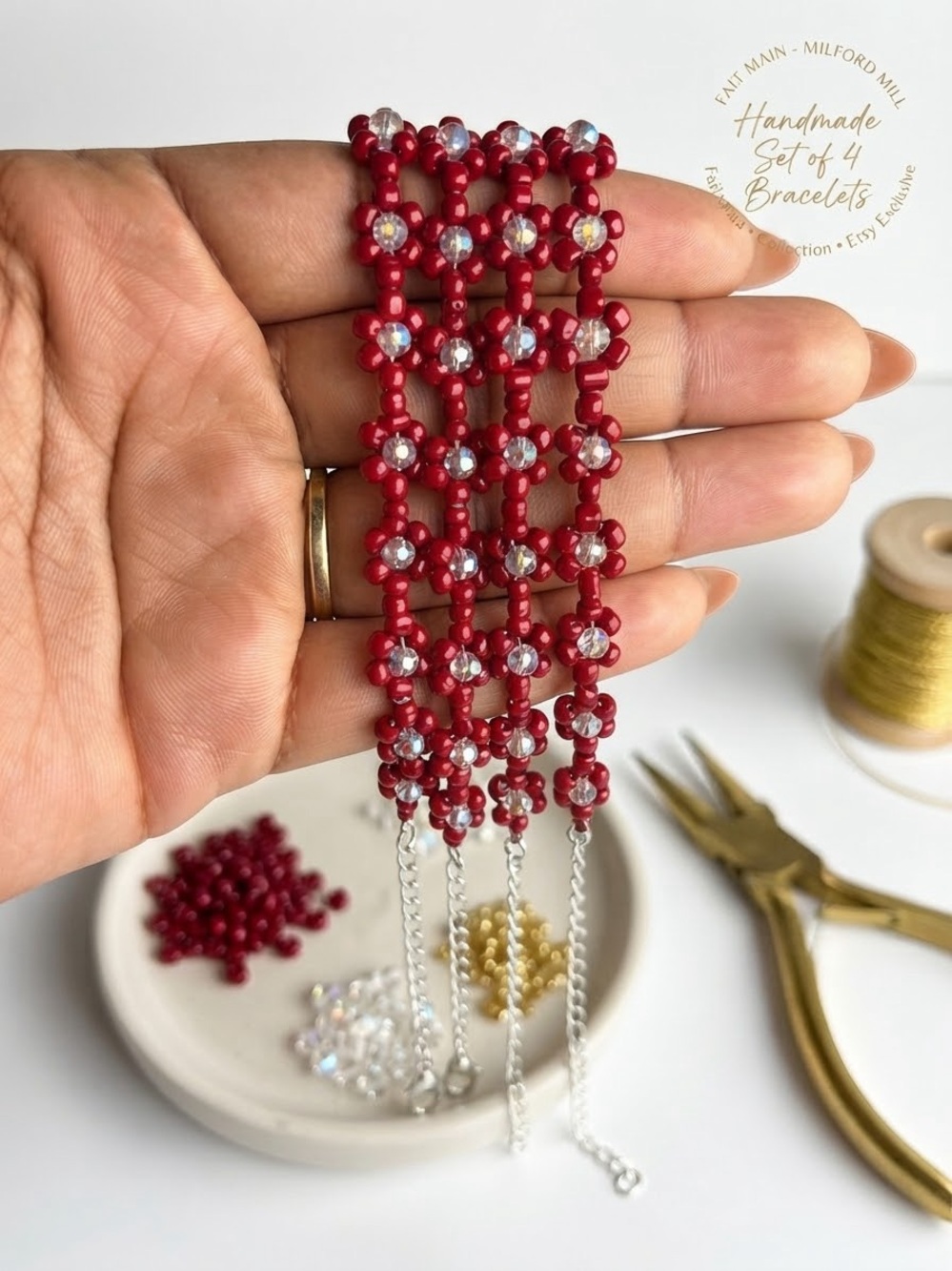 Handmade Red Beaded Bracelet Set with Crystal Accents